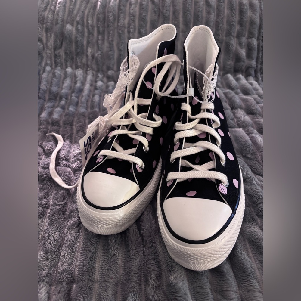 Black & Pink Polka Dot Lift Converse All-Star High Top Sneakers A10688C - Picture 2 of 13